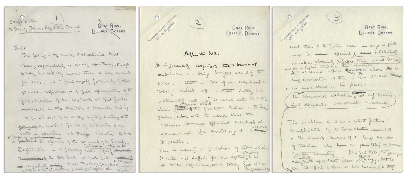 Robert Baden-Powell 12pp. Autograph Draft Letter Regarding the Nascent Boy Scouts Organization -- Circa 1917, During World War I: ''Scout training...brings out the individual, develops his character''